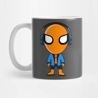 hero in orange and blue costume using headphones Mug